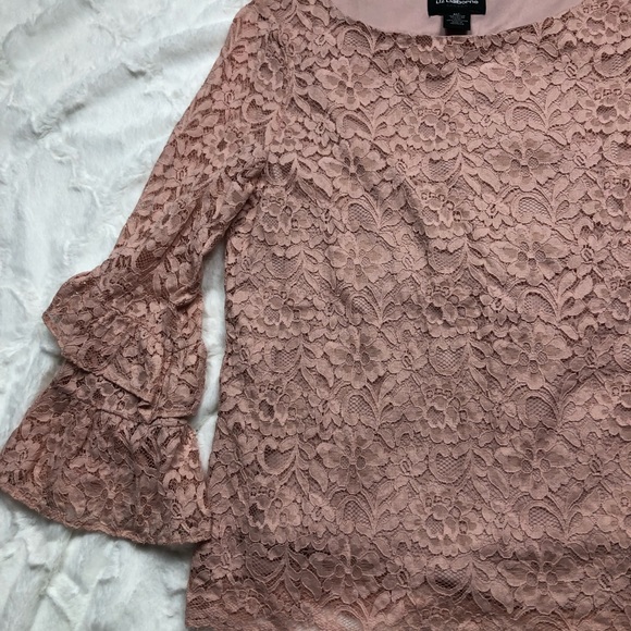 Liz Claiborne Blush Pink Lace Bell Sleeve Blouse size MT - Picture 6 of 11